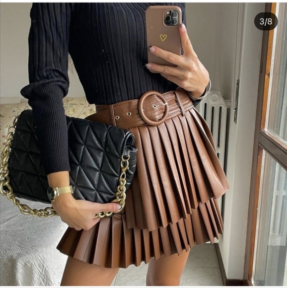 ZARA | NWT | Brown Faux Leather Pleaded Skirt | Size S | Belt | Layered Skirt - Picture 2 of 7